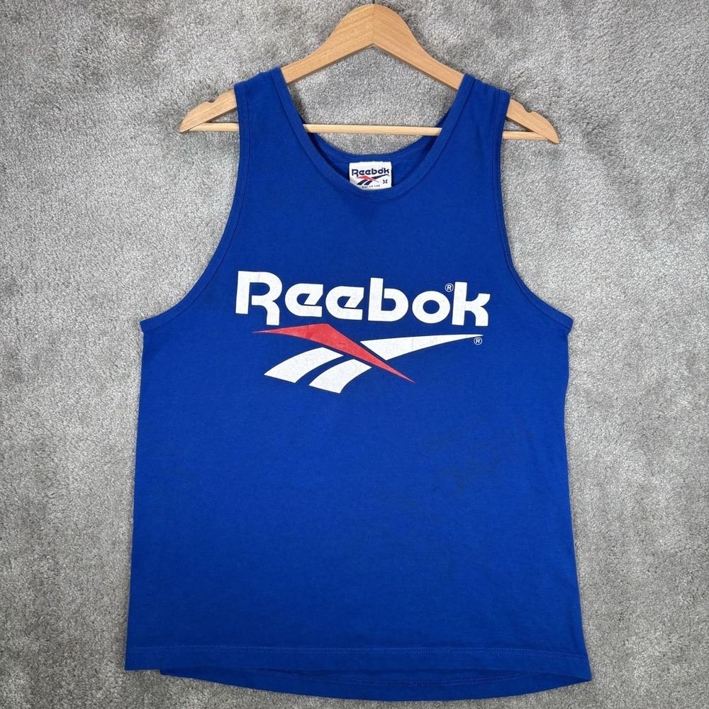 Vintage Reebok Tank Top Mens M Royal Blue Cotton Graphic Gym 90s Made In USA
